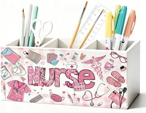 Pink Nurse Pen Holder, Nurses Appreciation Gifts Pencil Holder for Desk, Nurse Office Decor, Nursing Nurses Gifts for Women Wooden Box Sign Decorations for Office Desk Tabletop by Unknown