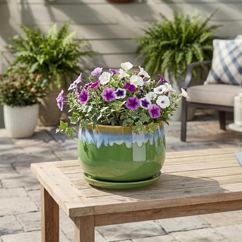 9 Inch Indoor Plant Pots - Ceramic Planters for Indoor Plants, Decorative Planter with Drainage and Saucer, Round Flower Pot, Porch Garden Office Decor, Gardening Gifts for Women, Green-Blue - Image 3