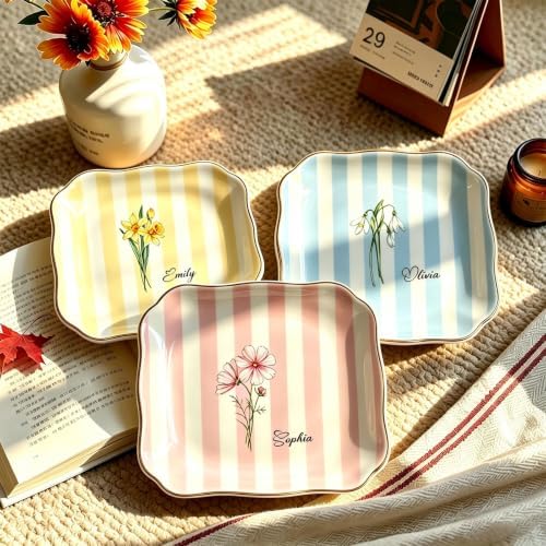 Personalized Birth Flower Ring Dish Custom Name Jewelry Trinket Tray Ceramic Floral Dish Gift for Mom Bridesmaid Friend Birthday Wedding Mother's Day - Image 5