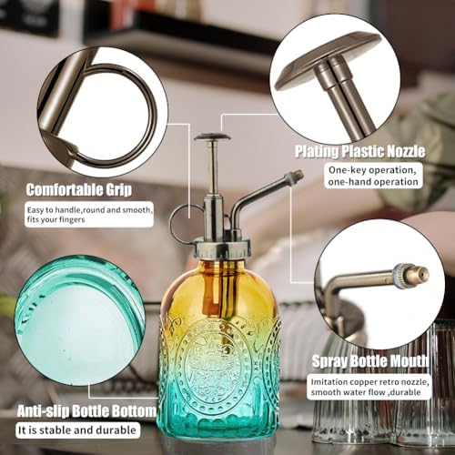 35 oz/1000 ml Metal Indoor Small Watering Can with Long Spout for House Plants Decorative, 12 oz/360 ml Glass Plant Mister Spray Bottle for Bonsai Garden Flowers(Green) - Image 3