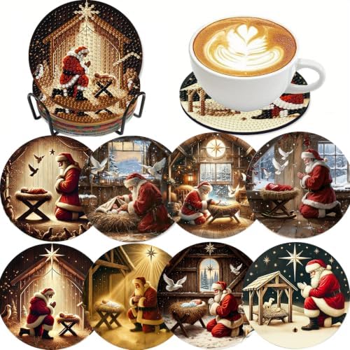 8 Pcs Santa Claus Praying Diamond Art Coasters Kit - DIY 5D Christmas Jesus Diamond Painting Coasters with Holder, Mini Small Diamonds Arts Kits for Adults Coaster, Gem Art Arts and Crafts for Adults by Unknown