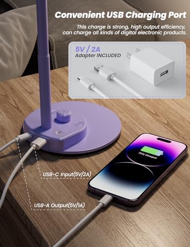BOHON LED Desk Lamp with USB Charging Port, 3 Color Modes Dim, Lilac Purple - Image 3