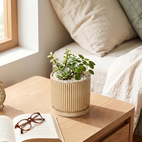 Ceramic Plant Pot, 4 Inch Pots for Plants with Saucer, Beige - Image 6