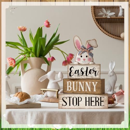 Moucuny 4 Pcs Easter Bunny Wood Signs Farmhouse Tiered Tray Table Decor - Image 5