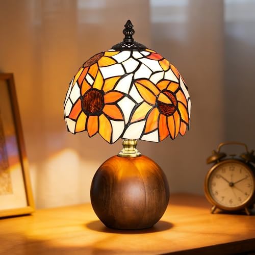 12.2" Retro Sunflower Tiffany Small Table Lamp with Wood Base by URLIGHTS