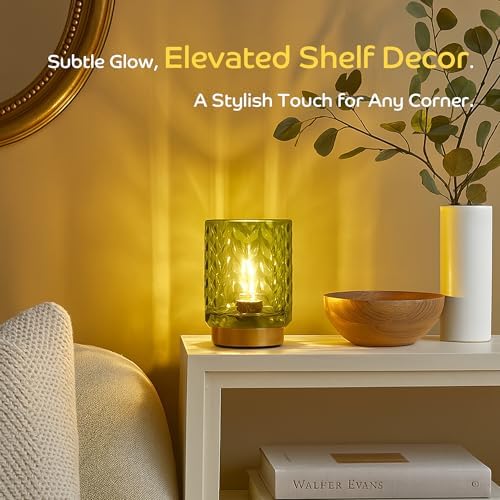 LUSHARBOR Battery Operated Table Lamp, Small Green Glass Lamp Bedside Decor Ambient, Cordless Table Lamp for Bookshelf Desk Living Room Entryway Dorm Wave Design-Green - Image 4