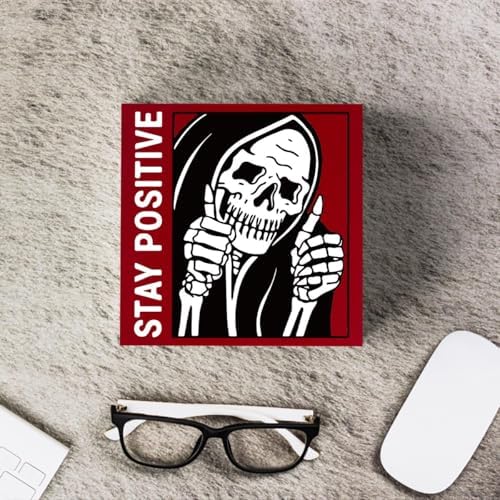 Halloween Decoration Gothic Skull Decor - Stay Positive Skulls Sign for Home Office Desk Accessories - 5 x 5 Inches (Red) - Image 6