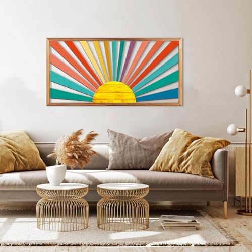 IARTTOP Large Boho Sun Wall Art Framed Wooden Art Wall Decor Colorful Rainbow Geometric Line Sunshine Artwork for Living Room Bedroom Office 16x32 Inch - Image 2