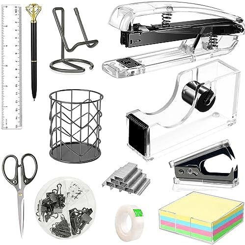 Office Desk Accessories, Acrylic Stapler, Staple Remover, Tape Holder, Pen Holder, Ballpoint Pen, Scissor, Binder Clips, 1000pcs Staples, Phone Holder, Ruler, Transparent Glue and 300 Notes by Famassi