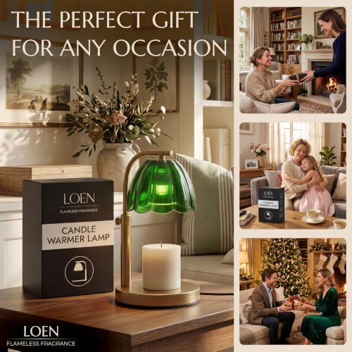 Scalloped Glass Candle Warmer Lamp with Timer (2H/4H/8H) - Dimmable & Adjustable Height - Wax Melter for Large & Small Jar Candles - 2 Bulbs - Gold Metal - Flameless Home Decor Gift for Women (Green) - Image 7