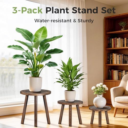 3-Pack Upgrade Thicken Wood Plant Stand Indoor, for 6-12 Inch Pots, Plant Stool Water-resistant Pinewood, Mid Century Modern Decor, Plant Stand 3 Sizes, for Living Room, Balcony, Office(Dark Brown) - Image 2