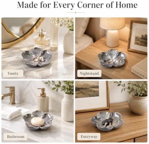 Ceramic Flower Jewelry Ring Trinket Dish Tray, Gifts for Women, Silver Gray - Image 6