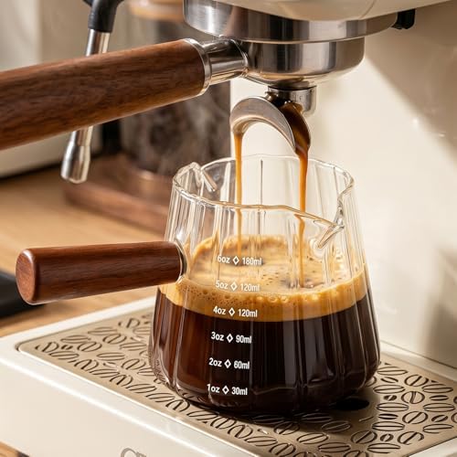 6 oz Espresso Cups With Wood Handle, Espresso Accessories, Ribbed Milk Frothing Pitcher, Glass Measuring Cup, Shot Glass with V-Shaped Mouth, Coffee Bar Epresso Shots Cup by Farielyn-X