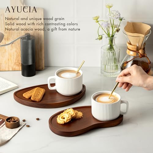 Pretty Ceramic Coffee Cup with Solid Wood Plate Set for Tea/Coffee Break, 8OZ White Cappuccino Cup with 9.4inch Acacia Serving Saucer and Spoon for Latte Dessert Breakfast - Image 6