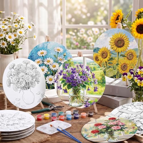 Supervitae 72 Piece Vintage Flowers Round Pre Drawn Canvas Kit 8" Paint and Sip Kit for Adults Painting Party Pre Printed Canvas DIY with Pictures Paints Easels Brushes for Party Gifts - Image 4