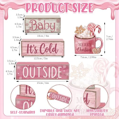 Moucuny 4 Pcs Pink Christmas Table Decor Wooden Hot Chocolate Cocoa Decor - Image 3