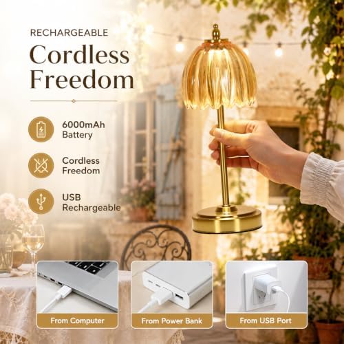 NewAoNaSen Glass Tulip Table Lamp, Cordless Rechargeable Table Light -Amber - Image 2