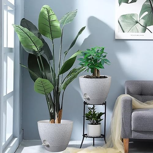 UOUZ 12inch 2Pack Large Self Watering Planters, Plastic Plant Pots with 60oZ Removable Deep Reservoir and Multi Mesh Drainage Holes for Indoor Outdoor Garden Plants and Flowers, White Speckles - Image 7