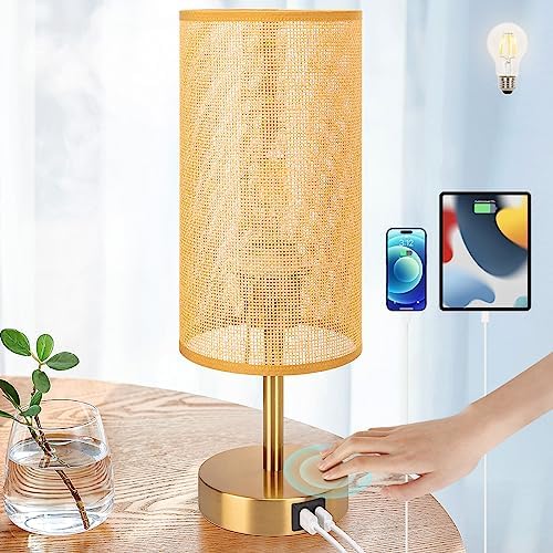 Yarra-Decor Bedside Lamp with USB Port - Touch Control Table Lamp for Bedroom Wood 3 Way Dimmable Nightstand Lamp with Round Flaxen Fabric Shade for Home Office (LED Bulb Included) (Y - NET) by Yarra-Decor