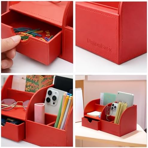 UnionBasic Desk Organizer - Multifunctional Leather Desktop Pen Holder Storage Box - Business Card/Pen/Pencil/Mobile Phone/Stationery Holder, Red - Image 3