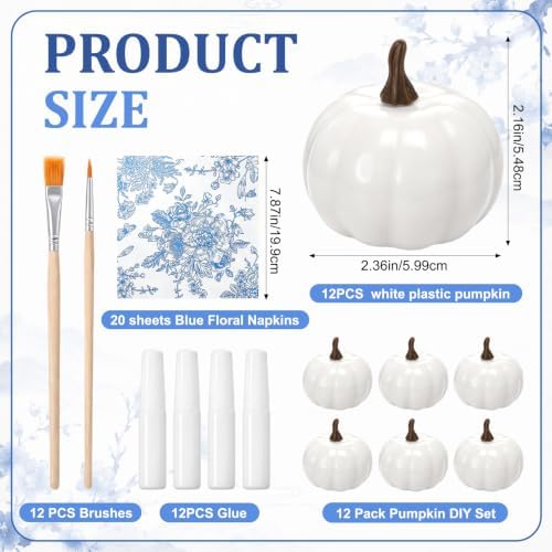 Blueweenly 12 Sets Fall Pumpkin DIY Craft Kit, Blue Napkins Glue Brush Set - Image 2