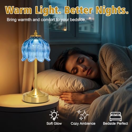 Cordless Table Lamp, Rechargeable Blue Glass Lotus Flower Lamp - Image 6