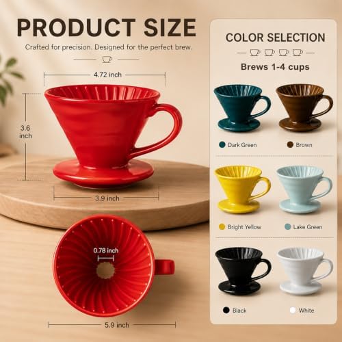 Pour Over Coffee Dripper - Ceramic Pour Over Coffee Maker Cone, Porcelain Coffee Drip, Pour Over Single Cup, Manual Brew Maker for Home, Cafe, Office - 1-4Cup, V60 Size 02 (Red) - Image 5