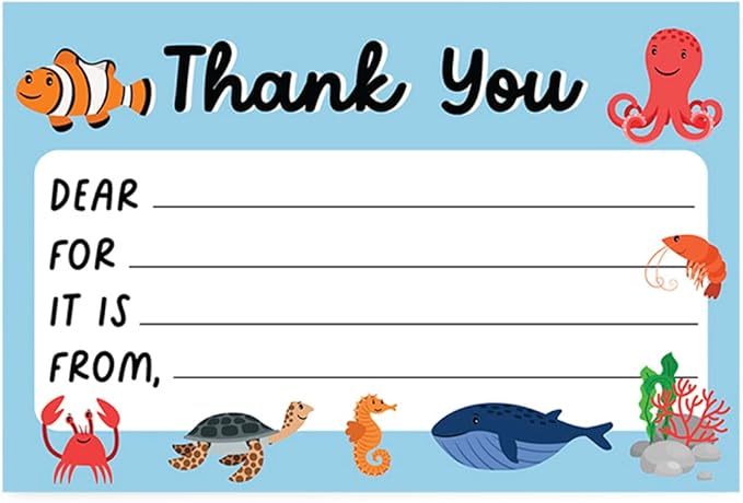 Andaz Press Kids Fill in the Blank Thank You Cards - 20 Cards Including Envelopes Sea Life Fun Gender Neutral Note Cards For Boys Girls Birthday Party Thank You Notes for Friends, Family Party Guests