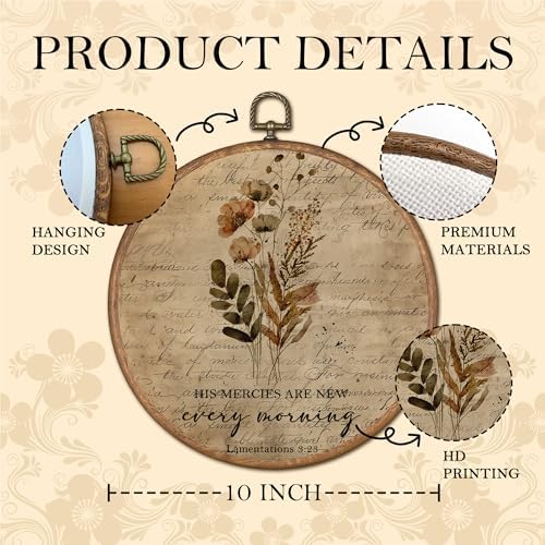 OFJE Vintage Floral Christian Wall Art Decor, His Mercies Are New Every Morning Scripture Round Wall Hanging Decor, Religious Faith Flower Framed Canvas Prints for Living Room Decorations, 10x10 Inch - Image 6