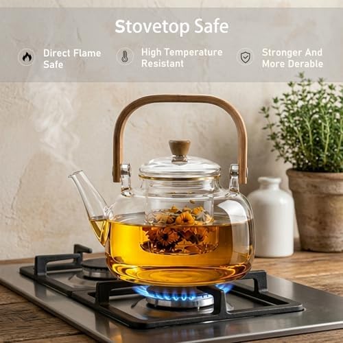 1500ml (50.72oz) Borosilicate Glass Teapot with Wooden Handle, Stovetop Safe Large Tea Kettle with Removable Glass Infuser for Blooming Tea & Loose Leaf Tea - Image 4