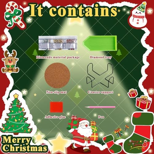 Leatrice 8 PCS Christmas Diamond Art Coasters Kits with Holder 4 in - Image 2