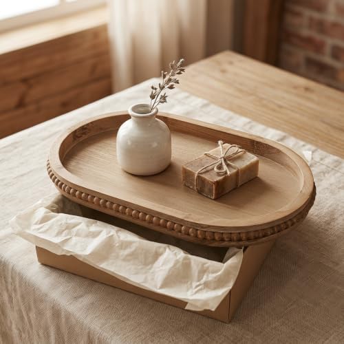 Hrastany Brown Oval Wood Decorative Tray, 15" x 9" Beaded Trim Candle Tray - Image 4