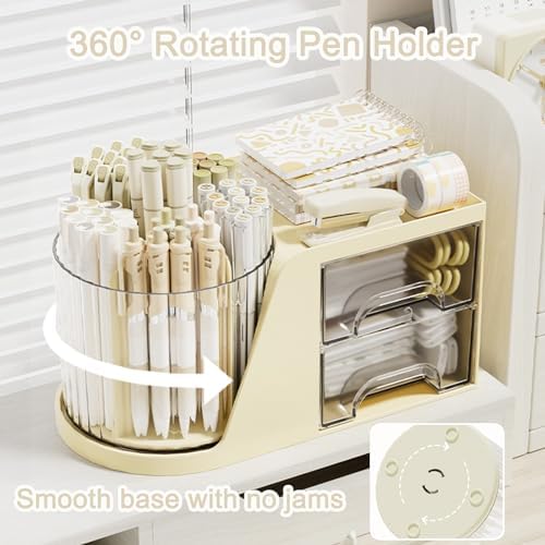 SAYEEC Rotating Desk Organizer with 2 Drawer, 6 Slots Multi-Functional Pencil Pen Holder, Desktop Makeup Organizer Stationery Accessories Storage Box Caddy for Office School Home Art Supplies (Beige) - Image 4