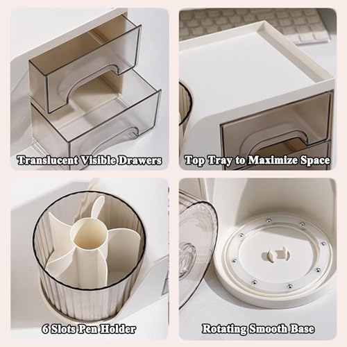 SAYEEC Rotating Desk Organizer with 2 Drawer 6 Slots Multi-Functional Pencil Pen Holder Desktop Makeup Organizer Stationery Accessories Storage Box Caddy for Office School Home Art Supplies (White) - Image 6
