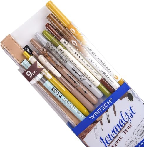 WRITECH Journaling Gel Pens Highlighters: 0.5mm Fine Point Retractable Gel Ink Pen Assorted Colored Highlighter Fineliner Multicolor Dual Tip Brush Marker Bulk Extra Smooth No Bleed 9ct (Earth Tone) by WRITECH