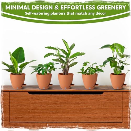 5 Pack 6 Inch Self Watering Planters for Indoor Plants, Automatic Watering Pots for Busy Plant Parents & Vacation, Decorative Modern Flower Pots with Drainage & Saucers (Terra Cotta, 6 inch) - Image 5