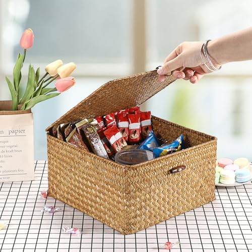 Hipiwe Wicker Basket with Lids, Seagrass Handwoven Storage Bins for Shelves - Image 4