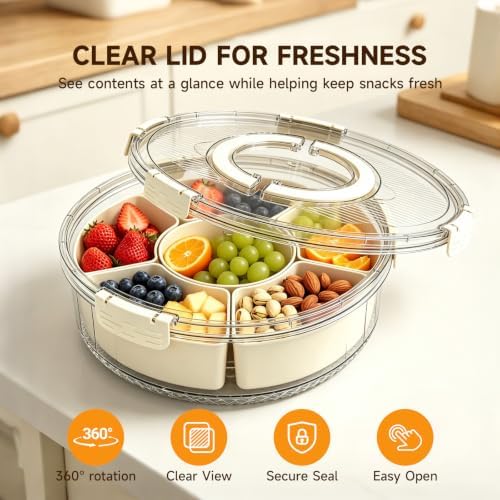 6-Compartment Snackle Box, Rotating Serving Tray with Lid & Handle - Image 3
