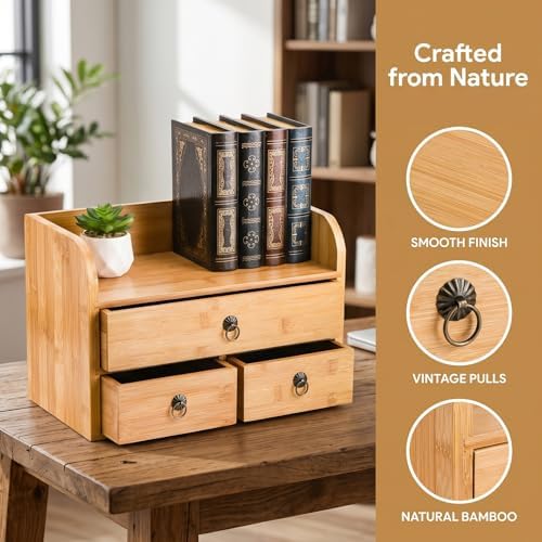 Nicunom Bamboo Desk Organizer, 3-Tier Bamboo Tabletop Storage Organization Multifunctional Desktop Organizer with Drawers for Home Office Toiletries Supplies Vanity - Image 5