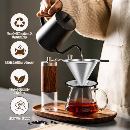 Large Size Pour Over Coffee Dripper, Stainless Steel Coffee Filter, Paperless Reusable Coffee Filter, Double Micromesh 600 Mesh Strainer Coffee Maker with Heat-Resistant Silicone Handle & Base - Image 2