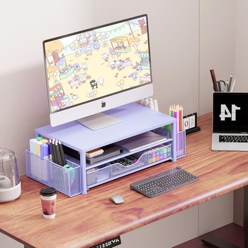 OPNICE Desk Organizers and Accessories, Computer Monitor Stand Riser with Drawer and 2 Pen Holders, Printer & Laptop Stand, Office Desk Accessories & Workspace Organizers for Home Office Supplies, Blue - Image 5