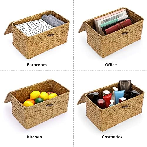 Hipiwe Wicker Shelf Baskets Bin Handwoven Seagrass Storage Basket with Lid - Image 6
