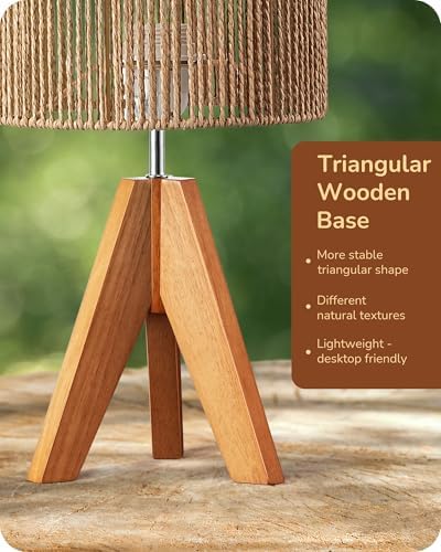 EDISHINE Small Rattan Table Lamp, Wood Tripod Bedside Lamp, 14.2", E26 Base - Image 3