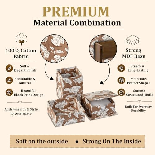Ridhi Oak Brown Block Print Office Desk Organizer Pen & Note Holder - Image 5