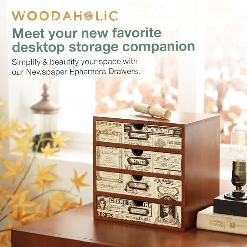 4-Drawer Vintage Ephemera Pattern Desktop Organizer - Arts and Craft Newspaper Design Desk Storage Cabinet - Ephemera Wood Shelf Drawers with Label Holders - Scrapbook Collecting - Image 6