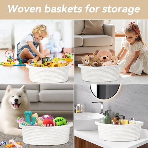 Pro Goleem Small Woven Basket with Gift Bags and Ribbons Durable Baskets for Gifts Empty Small Rope Basket for Storage 12"X 8" X 5" Baby Toy Bin with Handles, White - Image 6