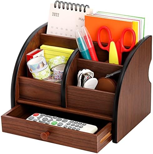 Foraineam Wooden Desk Organizer with Drawer, Remote Control Holder Caddy, Makeup Organizers, Wood Pencil Holder Desktop Supplies and Stationery Rack for Home Office School Tabletop Accessories Storage - Image 3