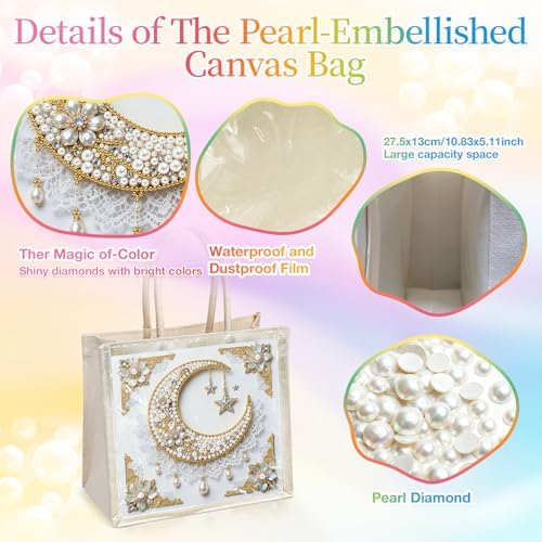 Xylzzuit DIY Pearl Painting Canvas Tote Bag Kit 11.42IN Diamond Art Handbag for Women Shopping Grocery Bag Dots Beads Art Craft Gift (Moon) - Image 3