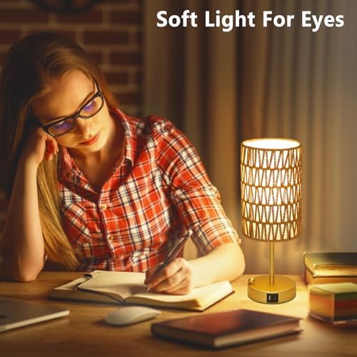 Gold Table Lamp for Bedroom with Bulb, Small Touch Control Table Lamp for Living Room with Rattan & Linen Shade, 3 Way Dimmable Bedside Lamp for Nightstand with USB Charging Port & Phone Stand - Image 5