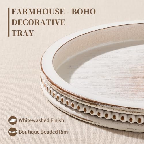 Hanobe Decorative Tray for Coffee Table: 11.8" Round Whitewashed Wood Tray for Rustic Farmhouse Living Room Kitchen Island Entryway Home Decor - Image 3